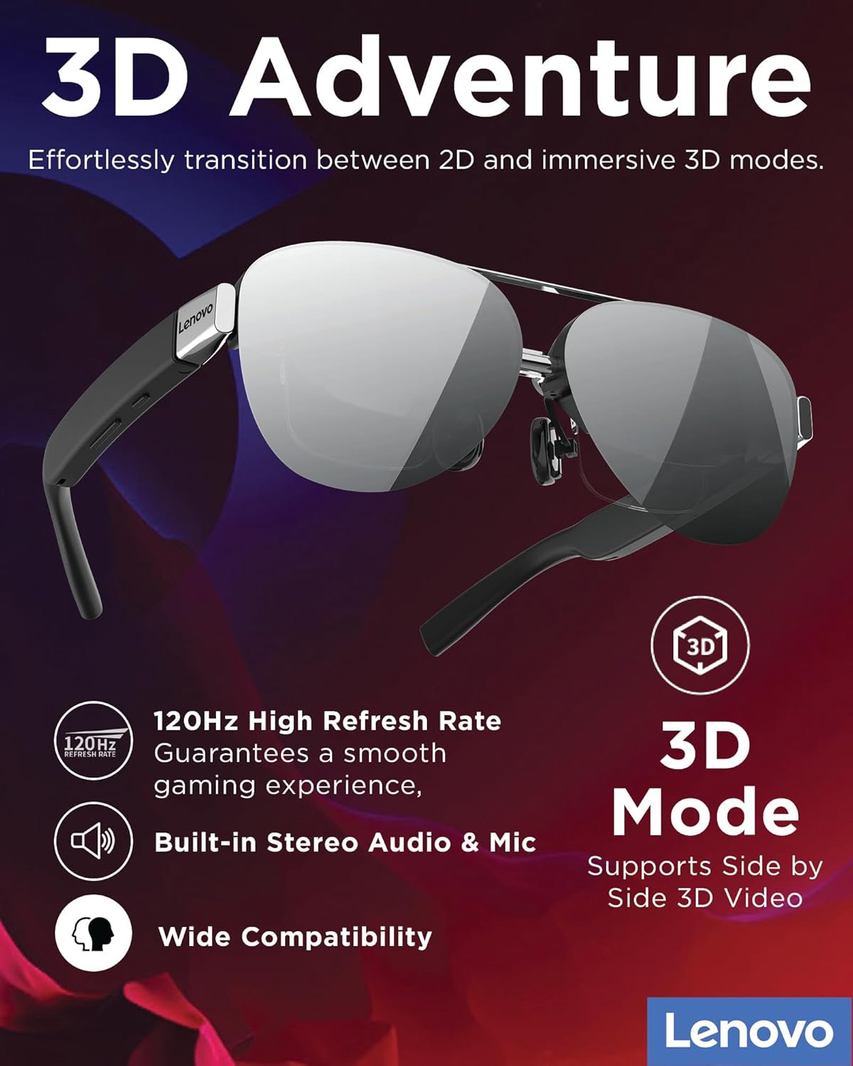 Lenovo Legion AR Smart Glasses AAC-482Y Support 2D/3D Enhanced Gaming Experience Universal Display For PC/Mobile Phone/Tablet/Handheld Game Console Portable AR Smart Glasses Black