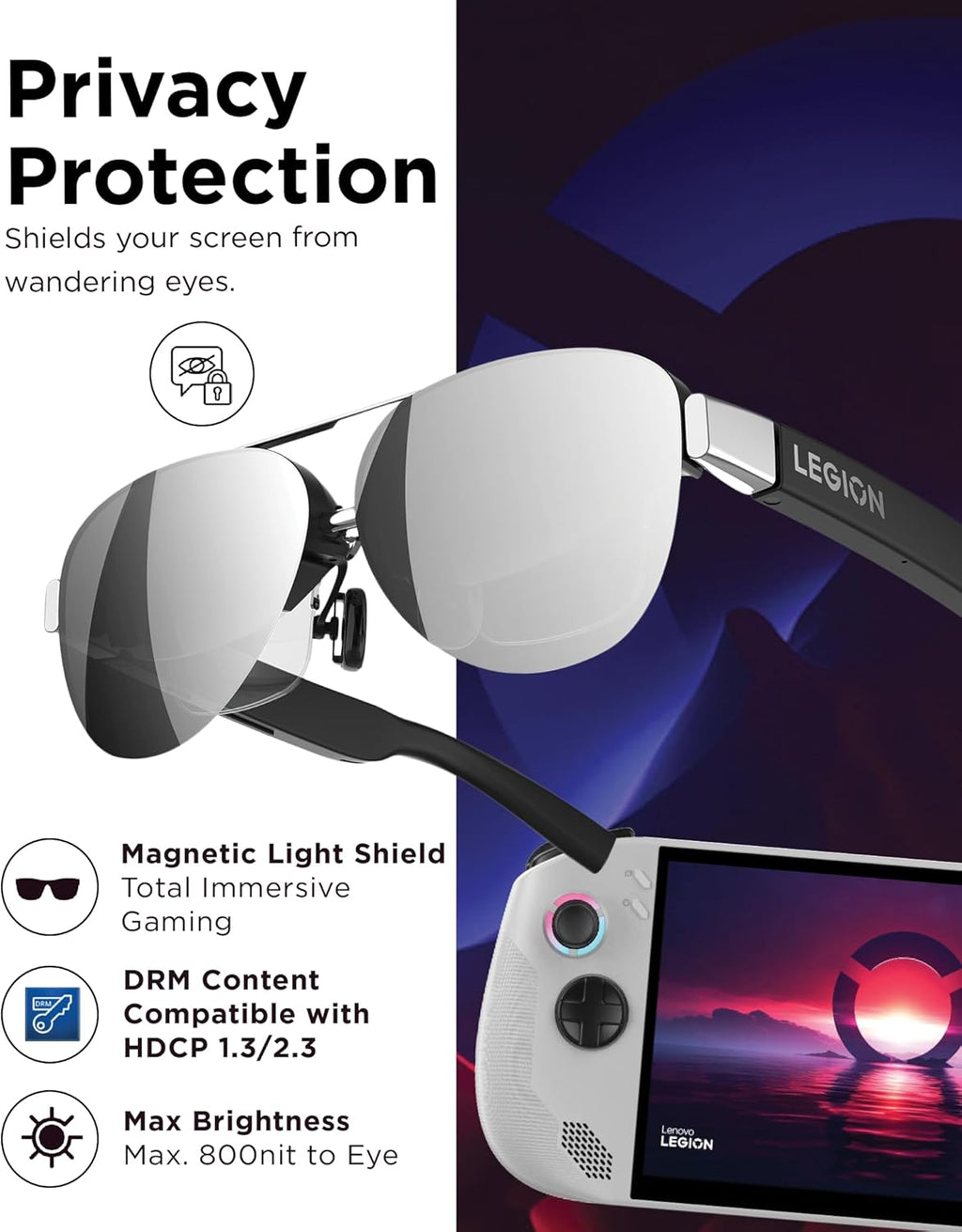Lenovo Legion AR Smart Glasses AAC-482Y Support 2D/3D Enhanced Gaming Experience Universal Display For PC/Mobile Phone/Tablet/Handheld Game Console Portable AR Smart Glasses Black